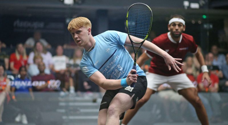 Finnlay Withington (left) takes on Mohamed ElShorbagy during the 2023 British Nationals