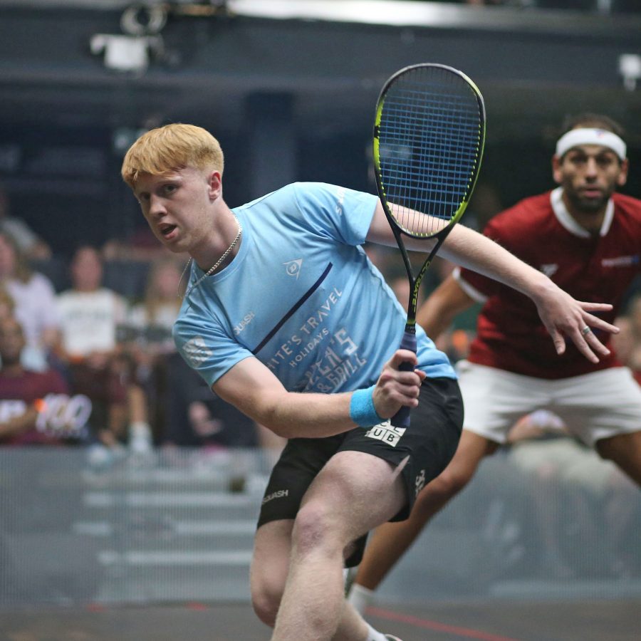 Finnlay Withington (left) takes on Mohamed ElShorbagy during the 2023 British Nationals